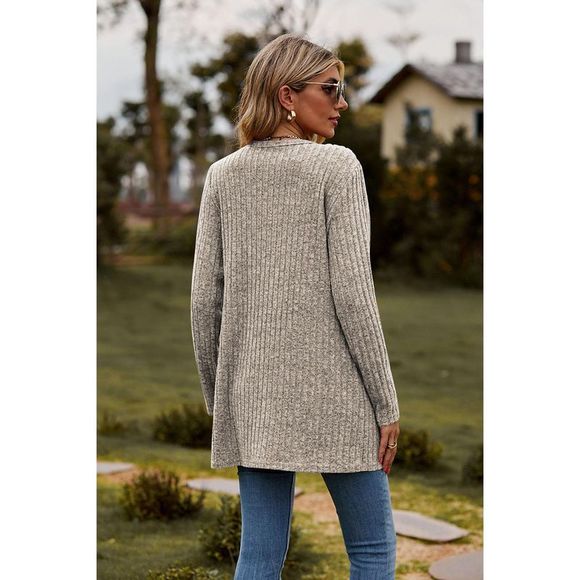 Azura Exchange  Khaki Rib Knit V Neck Button up Cardigan with Pockets - Picture 2 of 6